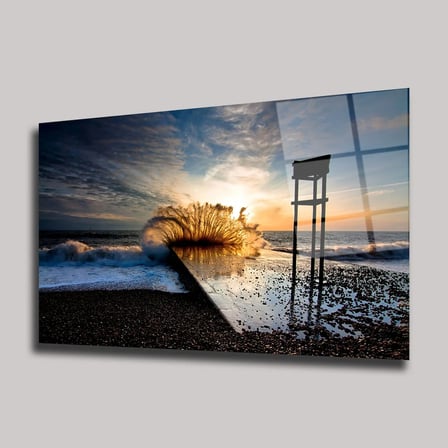 Gün Batımında İskeleye Vuran Dev Dalga Cam Tablo 50x70 cm