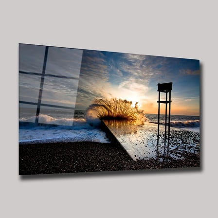 Gün Batımında İskeleye Vuran Dev Dalga Cam Tablo 50x70 cm