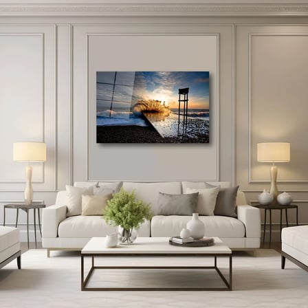 Gün Batımında İskeleye Vuran Dev Dalga Cam Tablo 50x70 cm