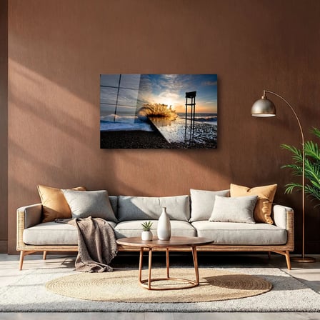 Gün Batımında İskeleye Vuran Dev Dalga Cam Tablo 50x70 cm