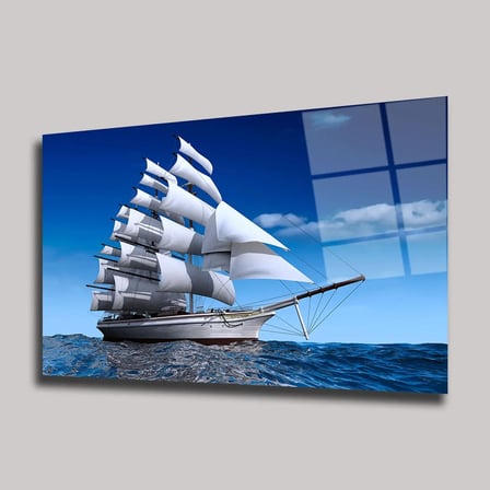 Açık Denizde Yelkenli Gemi Cam Tablo 35x50 cm