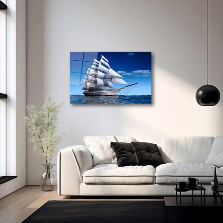 Açık Denizde Yelkenli Gemi Cam Tablo 80x125 cm