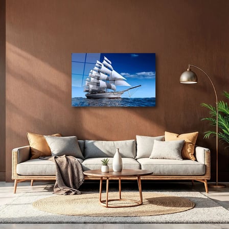 Açık Denizde Yelkenli Gemi Cam Tablo 80x125 cm