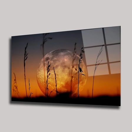Kızıl Dolunay ve Sazlık Silüeti Cam Tablo 35x50 cm