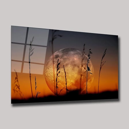 Kızıl Dolunay ve Sazlık Silüeti Cam Tablo 35x50 cm