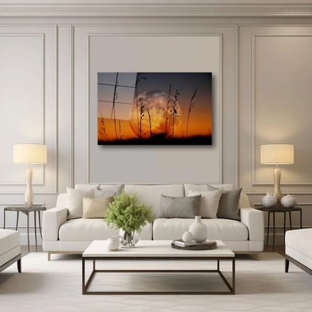 Kızıl Dolunay ve Sazlık Silüeti Cam Tablo 35x50 cm