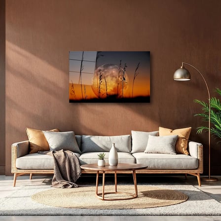 Kızıl Dolunay ve Sazlık Silüeti Cam Tablo 35x50 cm