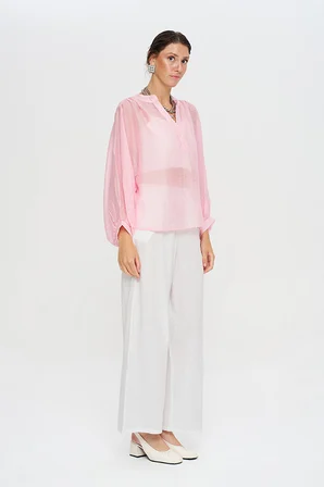 Kadın Asimetrik Kesim Oversize Transparan Pudra Bluz