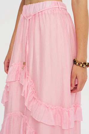 Kadın Beli Lastikli Pembe Asimetrik Kat Kat Fırfırlı Etek