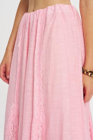 Kadın Beli Lastikli Dantel Şeritli Dökümlü Pembe Maxi Etek