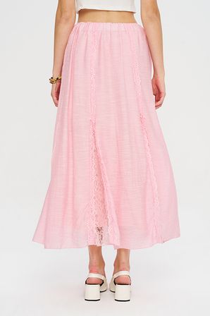 Kadın Beli Lastikli Dantel Şeritli Dökümlü Pembe Maxi Etek