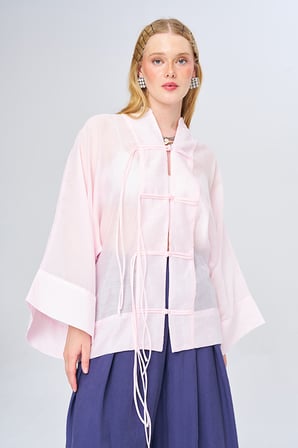 Kadın Çin Yaka İp Düğmeli Düz Renk Transparan Kimono