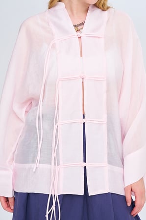 Kadın Çin Yaka İp Düğmeli Düz Renk Transparan Kimono