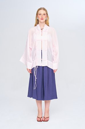 Kadın Çin Yaka İp Düğmeli Düz Renk Transparan Kimono