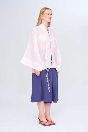 Kadın Çin Yaka İp Düğmeli Düz Renk Transparan Kimono