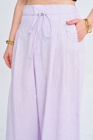 Kadın Beli Lastikli İp Bağlamalı Geniş Paça Düz Renk Pantolon