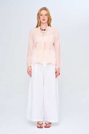 Kadın Hakim Yaka Fırfır Detaylı Transparan Pastel Renk Gömlek