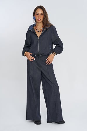 Kadın Kapüşonlu Fermuarlı Denim Ceket