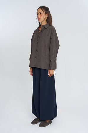 Kadın Klasik Yaka Kahverengi Ekoseli Oversize Gömlek