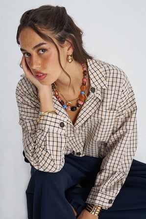 Kadın Cepli Klasik Yaka Ekoseli Oversize Gömlek
