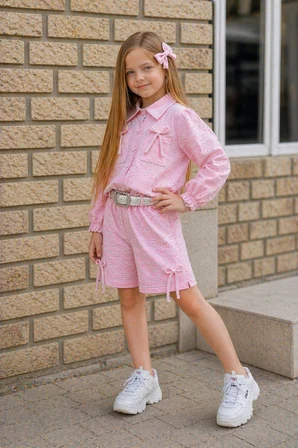 Kız Çocuk Pembe Çizgili Poplin Gömlek, Şort , Kemer ve Toka 4 Parça Set - 4/14 Yaş - 31720