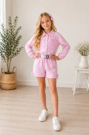 Kız Çocuk Pembe Çizgili Poplin Gömlek, Şort , Kemer ve Toka 4 Parça Set - 4/14 Yaş - 31720