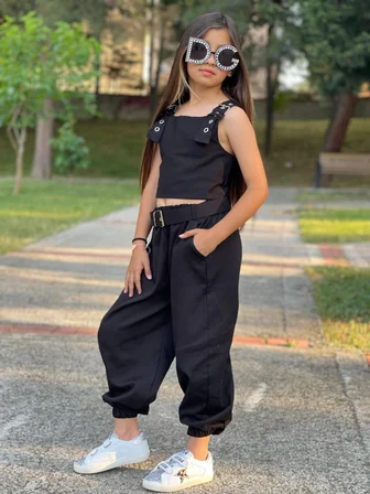 Kız Çocuk Siyah Kemer Dahil Gabardin Pantolonlu  3'lü Takım - 5/14 Yaş - 31743