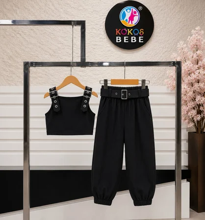 Kız Çocuk Siyah Kemer Dahil Gabardin Pantolonlu  3'lü Takım - 5/14 Yaş - 31743