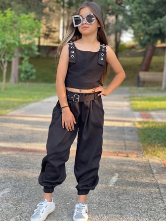 Kız Çocuk Siyah Kemer Dahil Gabardin Pantolonlu  3'lü Takım - 5/14 Yaş - 31743