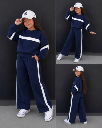 Şerit Detaylı Oversize Kız Çocuk Eşofman Takımı - 3/10 Yaş - 31781