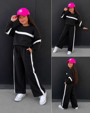 Şerit Detaylı Oversize Kız Çocuk Eşofman Takımı - 3/10 Yaş - 31781