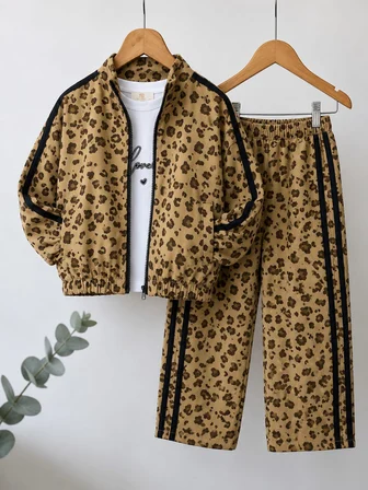 Kız Çocuk Leopar Desenli Şeritli 3’lü Takım - 4/12 Yaş - 31893