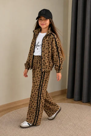 Kız Çocuk Leopar Desenli Şeritli 3’lü Takım - 4/12 Yaş - 31893