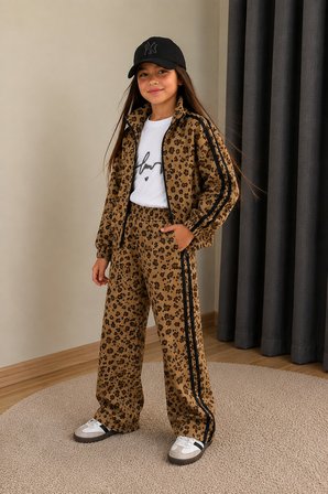 Kız Çocuk Leopar Desenli Şeritli 3’lü Takım - 4/12 Yaş - 31893
