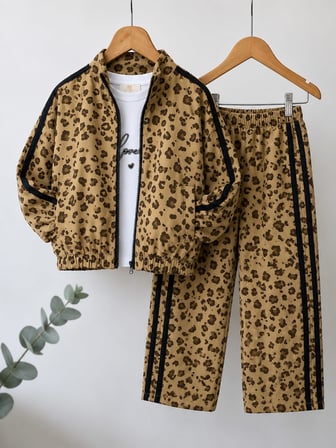 Kız Çocuk Leopar Desenli Şeritli 3’lü Takım - 4/12 Yaş - 31893