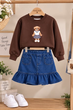 Teddy Baskılı Sweatshirt Fırfırlı Kot Etek Kız Çocuk Takım - 3/12 Yaş - 31928