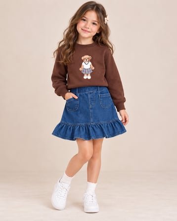 Teddy Baskılı Sweatshirt Fırfırlı Kot Etek Kız Çocuk Takım - 3/12 Yaş - 31928