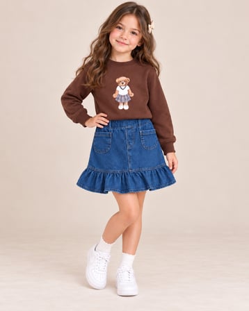 Teddy Baskılı Sweatshirt Fırfırlı Kot Etek Kız Çocuk Takım - 3/12 Yaş - 31928