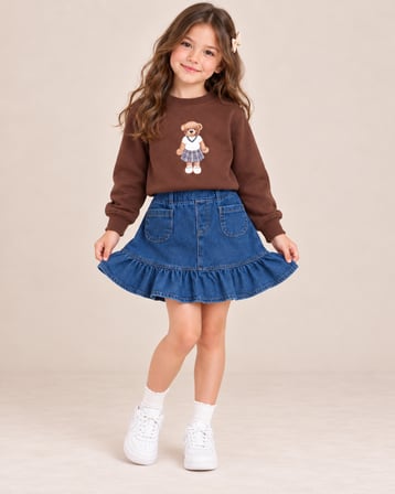 Teddy Baskılı Sweatshirt Fırfırlı Kot Etek Kız Çocuk Takım - 3/12 Yaş - 31928