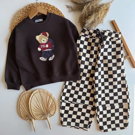Erkek Çocuk Ayıcık Detaylı Oversize Sweatshirt Kareli Pantolon 2’li Takım %100 Pamuk - 3/10 Yaş - 31937