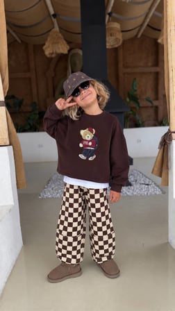 Erkek Çocuk Ayıcık Detaylı Oversize Sweatshirt Kareli Pantolon 2’li Takım %100 Pamuk - 3/10 Yaş - 31937