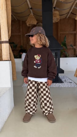 Erkek Çocuk Ayıcık Detaylı Oversize Sweatshirt Kareli Pantolon 2’li Takım %100 Pamuk - 3/10 Yaş - 31937
