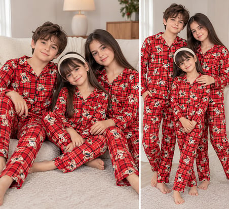 Kız Erkek Çocuk Süet Pijama Takımı Ayıcık Desenli Uzun Kollu Alt Üst Takım -  5/14 Yaş - 31945