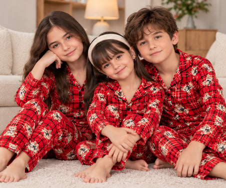 Kız Erkek Çocuk Süet Pijama Takımı Ayıcık Desenli Uzun Kollu Alt Üst Takım -  5/14 Yaş - 31945