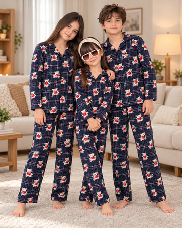 Kız Erkek Çocuk Süet Pijama Takımı Ayıcık Desenli Uzun Kollu Alt Üst Takım -  5/14 Yaş - 31945