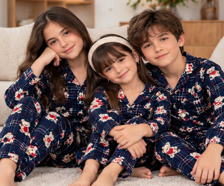 Kız Erkek Çocuk Süet Pijama Takımı Ayıcık Desenli Uzun Kollu Alt Üst Takım -  5/14 Yaş - 31945