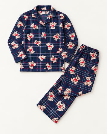 Kız Erkek Çocuk Süet Pijama Takımı Ayıcık Desenli Uzun Kollu Alt Üst Takım -  5/14 Yaş - 31945
