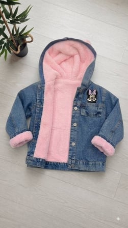 Kız Çocuk Kapüşonlu Peluş Astarlı Karakter Baskılı Kot Mont - 4/12 Yaş - 31958