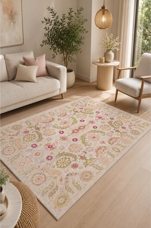 Krem Vintage Çiçek Desenli Pastel Renkli Oturma Odası Halısı