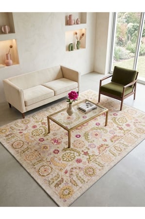 Krem Vintage Çiçek Desenli Pastel Renkli Oturma Odası Halısı